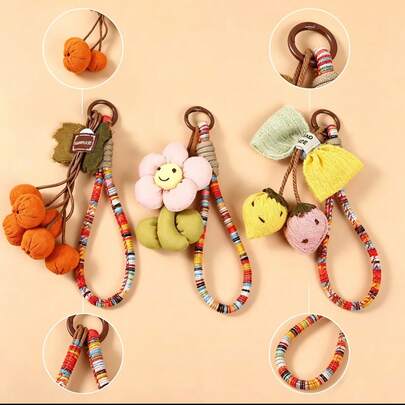 Chic Kawaii Fruit Bag Charm, Bags, 3D Fabric Flower & Fruit Pendant, Colorful Woven Rope Design, Portable Sweet Bag Accessory, Suitable For Backpacks, Handbags, Daily Use, Ideal Gift, Collectible Decor