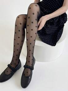 DAZY 1pc Black Five-Pointed Star Leggings, Black Pantyhose Fashion Outfit For Spring/Summer, Women's Opaque Tights For Sun Protection, Comfortable Soft Sexy Versatile Outfit Suitable For 15~30°C - Black - View 4