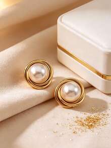 2PCS Elegant White Pearl Decorated Stainless Steel Women's Stud Earrings, Suitable For Weddings, Parties, Dates Or As Holiday Gifts For Best Friends - Yellow Gold - View 8