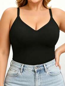 1 pieza Camiseta de tirantes EssElegance talla grande, adecuada para primavera/verano, todo el año, deportes, sujetador deportivo talla grande, camiseta deportiva talla grande, acanalada, espalda de tirantes - Negro - Ver 5