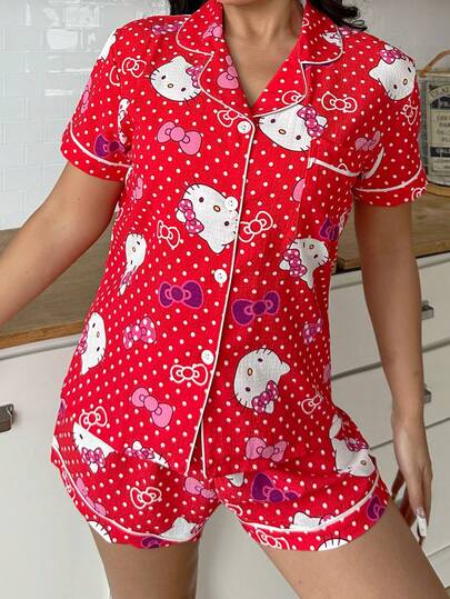  Sanrio 2Pcs Sleepwear For Women Pajama Set Featuring A Hello Kitty Print V-Neck Button-Down Short-Sleeved Single-Breasted Top And Bow-Tie Trousers; Summer Pajama Set.
