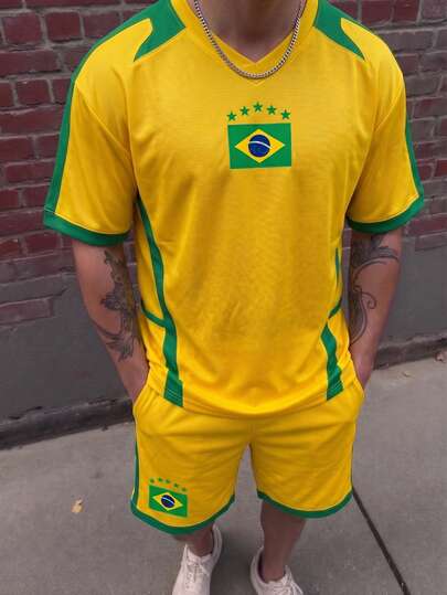  Fractyr 男士巴西国旗足球球衣短裤两件套，速干黄绿色街头风足球服，休闲夏季运动服
