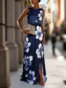 Women's Elegant Floral Print Sleeveless Slit Woven Dress, Graceful Office Work & Daily Wear,Spring Summer Casual Dress - Royal Blue - View 1