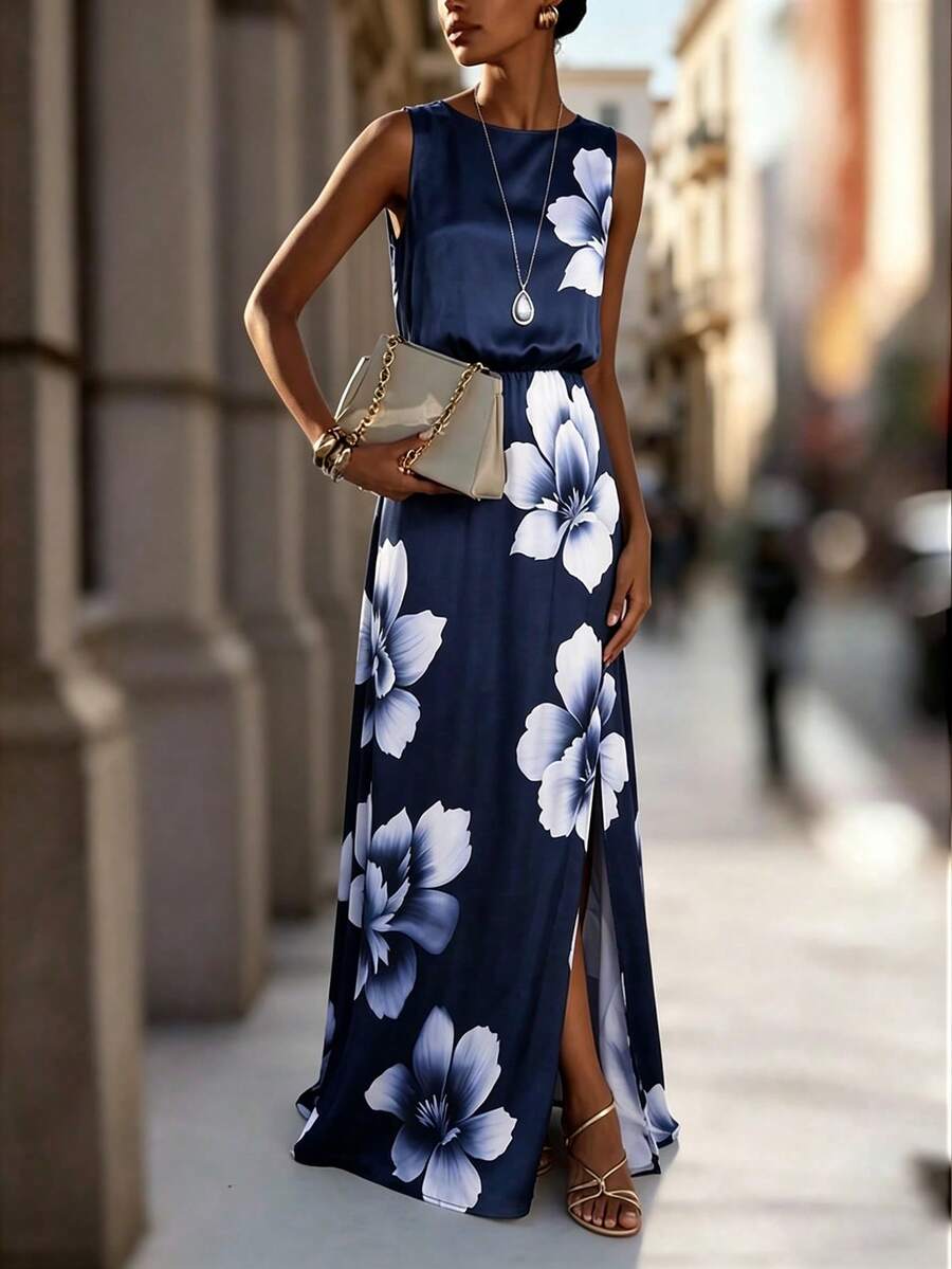 Women's Elegant Floral Print Sleeveless Slit Woven Dress, Graceful Office Work & Daily Wear,Spring Summer Casual Dress - Royal Blue - View 1