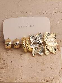 6-18 Geometric Textured Hoop & Water Drop Earrings, Golden Fashion Bohemian Style, Suitable As Gift For Family And Friends On Holidays (This Product Is Made Of ABS Plastic, Please Check The Material Carefully) - Gold-6 - View 3