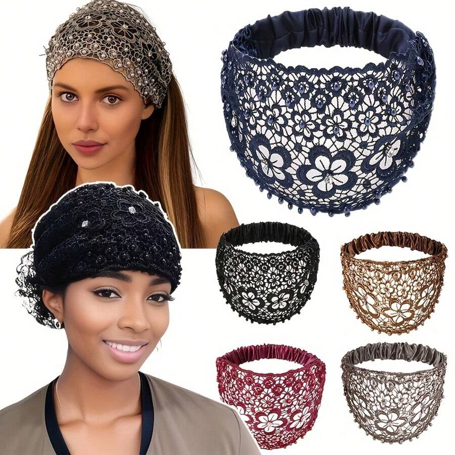 1pc Summer Crochet Lace Headband, Hollow Faux Pearl Thin Elastic Headband, Boho Style Stretchy Hair Accessory, Suitable For Spring/Summer Casual, Wedding, Party, Festival, Birthday Wear - Multicolor - View 1