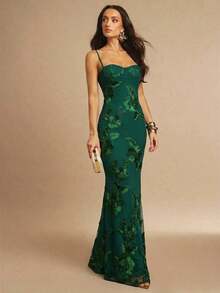 X GALILEA  3D Floral Sexy Slim Brown Suspender Dress Autumn Wedding Guest Dress Women Slim Maxi Dress Evening Dress Female Spaghetti Strap Cocktail Dress, Elegant Formal Dress Suitable For Nightclub, Party, Christmas Big Sexy Backless Tight Maxi Fishtail Dress, Suitable For Autumn Party Romantic Date - 墨綠色 - 查看 3