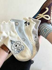 5 Pairs Random Delivery Light Blue Puppy Socks, Women's Cotton Mid-Calf Socks, Cute Cartoon Breathable Ankle Socks For Spring/Summer, Versatile For Girls And Students - Multicolor - View 1