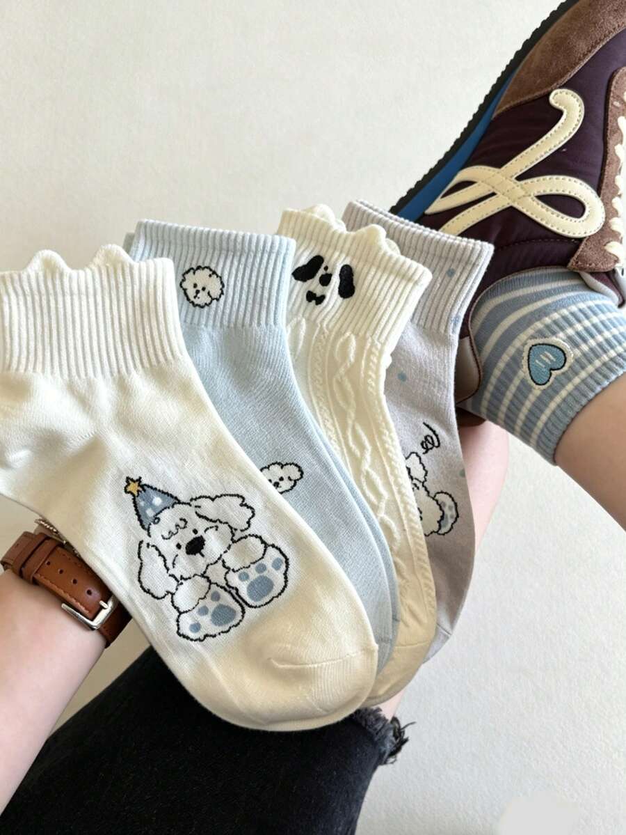 5 Pairs Random Delivery Light Blue Puppy Socks, Women's Cotton Mid-Calf Socks, Cute Cartoon Breathable Ankle Socks For Spring/Summer, Versatile For Girls And Students - Multicolor - View 1