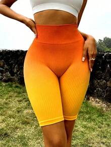 Shorts Deportivos de Cintura Alta para Mujer, con Efecto Ombré y Control de Abdomen, Sin Costuras, Degradado, para Yoga, Ejercicio, Running y Gimnasio - Naranja - Ver 3