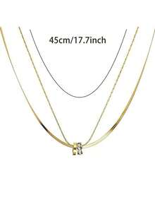 1pc Stainless Steel Round Cubic Zirconia Inlaid Double Layer Pendant Necklace, Suitable For Daily Wear - 銀色 - 查看 11