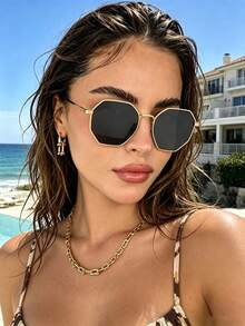 Bộ 2 kính mắt thời trang mùa hè, gọng kim loại hình đa giác cổ điển, kính trang trí, unisex, phù hợp cho chụp ảnh đường phố, đi làm và đeo hàng ngày. - 2 miếng hình đa giác màu xám nâu - Xem 3