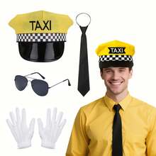 4pcs Taxi Driver Costume And Accessories Set Including Hat, Glasses, Gloves And Tie, Suitable For Halloween Party, Cosplay And Carnival - Multicolor - View 2