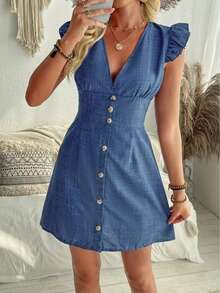 Women's Summer Casual Vacation V-Neck Ruffle Armhole Waist Cinched Short Dress - Blue - View 1