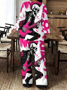 Punk Rock Style Women's Plus Size Pointed Collar Sleeveless Pantsuit Skull Guitar Design For Casual Wear And Music Festivals Perfect Gift For Music Lovers And Punk Enthusiasts_pt628_01 - 混合色 - 查看 3