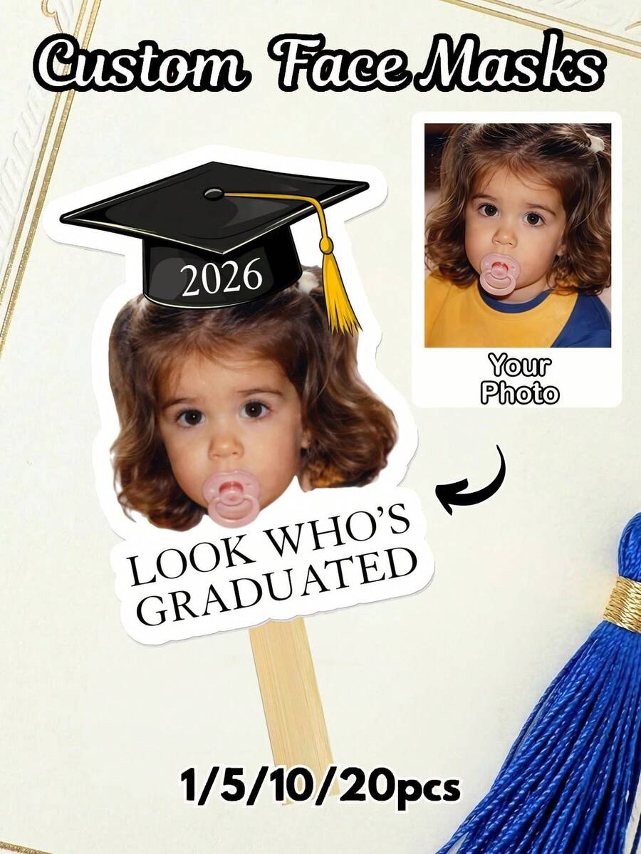 Palitos de decoración personalizados para graduación que incluyen máscaras de recorte de papel, abanicos de graduación, regalos personalizables para fiestas de graduación - Multicolor - Ver 1
