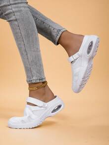 White Solid Color Polyester (Polyester) Hook And Loop Slip-On Mules, Suitable For Office Wear In Summer - White - View 4