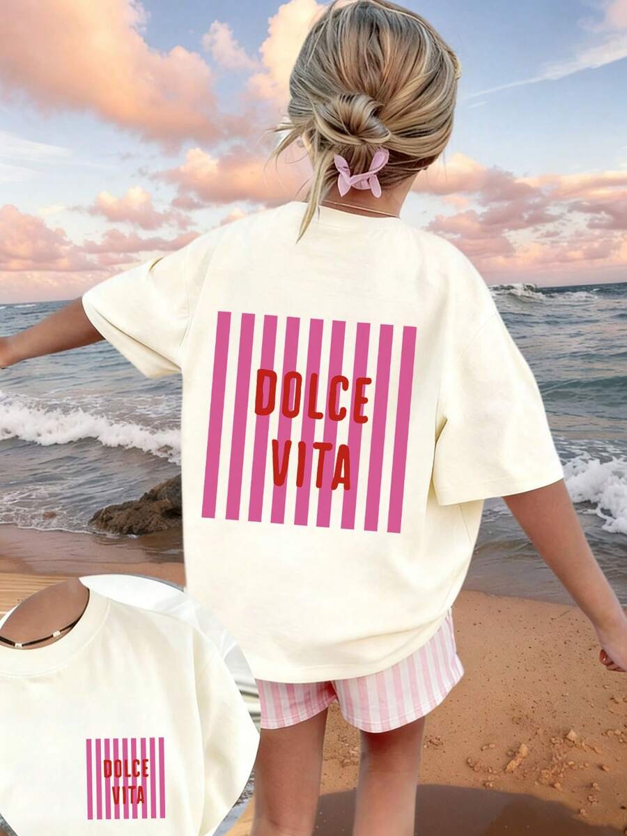 Tween Girls' Casual Funny Print Crew Neck Short Sleeve T-Shirt, Summer Top - Apricot - View 1