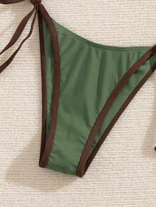 Bộ bikini buộc dây cổ gợi cảm phối màu tương phản dành cho nữ, đồ bơi thời trang và thoải mái cho kỳ nghỉ hè trên bãi biển. - Màu xanh lá cây đậm - Xem 6