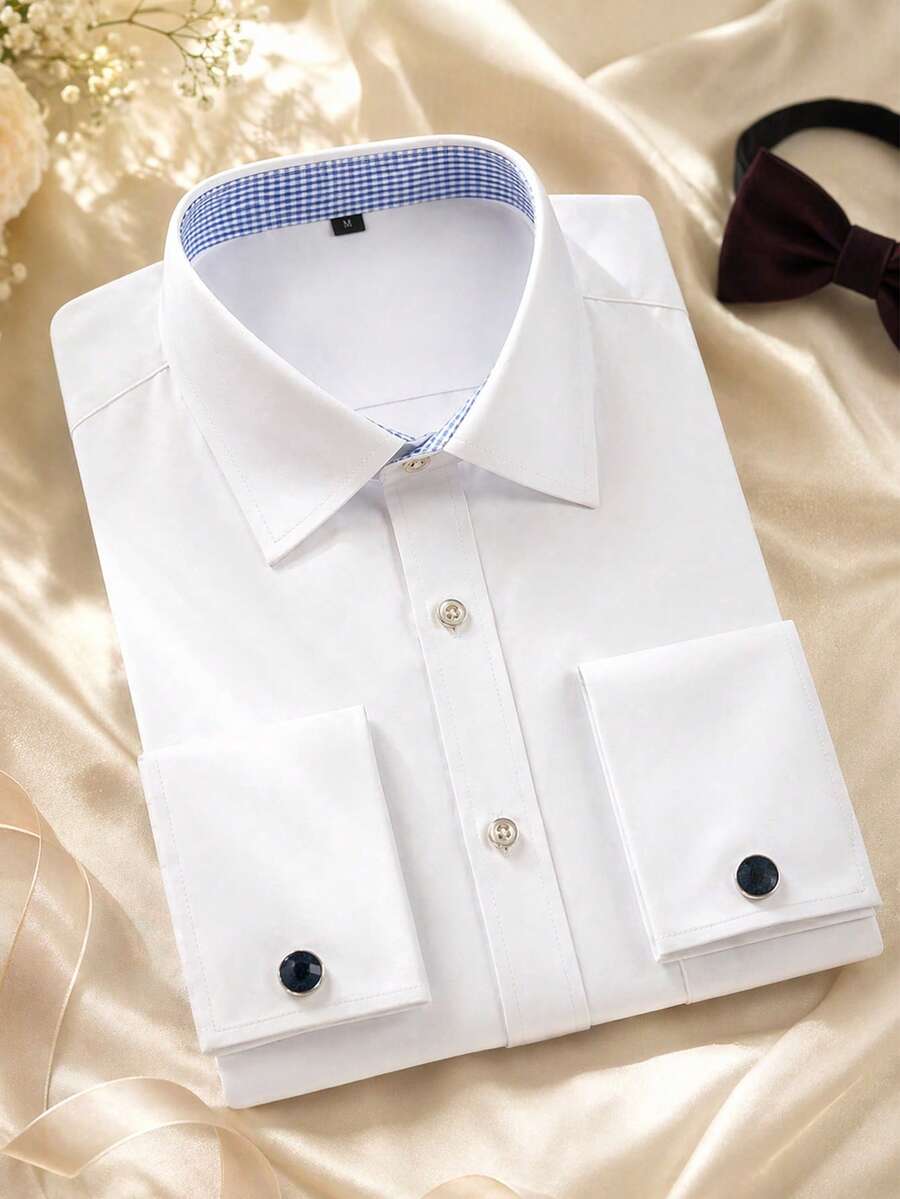 1pc Men's French Cuff Dress Shirt, Essential For Formal Occasions, Weddings, Business Events (Random Cufflinks Included), Please Check Size For Loose Fit - White - View 1
