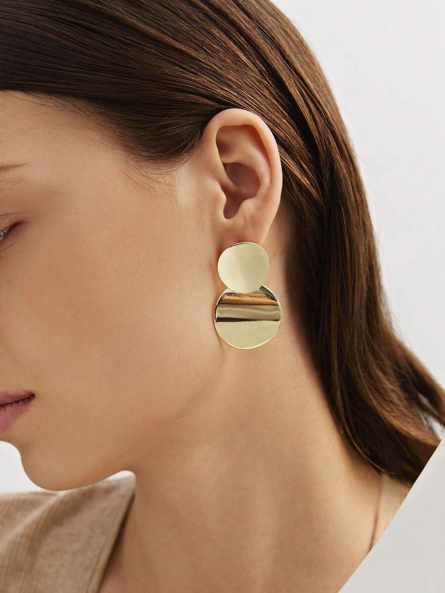 1 对复古时尚百搭别致 3D 光滑金属圆形耳环 - 金黃色 - 查看 1