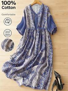 Đầm casual in hoa cổ chữ V thắt eo có túi, đầm công sở thanh lịch thời trang, đầm dự tiệc in hoa đa năng, đầm boho đi nghỉ mát với thiết kế cổ áo phối hợp mùa hè - Bụi tím - Xem 4
