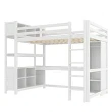 Loft Bed, 140 X 200 Cm, Shelves, Ample Storage, Desk, Wardrobe, Mattress Not Included, White - White - View 9