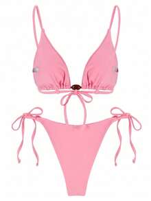 Pink Beaded Triangle Bikini Top, Side Tie Strap Separates Swimsuit, Minimalist Solid Color Beachwear - Pink - View 3