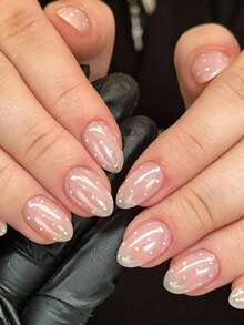 24 móng tay giả ngắn, màu hồng, phủ nhũ, hình hạnh nhân chấm bi trắng + 1 keo dán + 1 dũa móng tay - Hồng - Xem 2