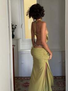 Women's Bohemian Halter Beaded Dress, Drawstring Waist Ruched Beach Vacation Maxi Dress - 綠色 - 查看 4