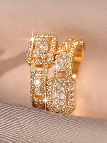 jealous young 1 pieza Anillo abierto de geometría con circonita cúbica empotrada, estilo vintage dorado chapado en oro, para mujer, accesorio de moda, adecuado para boda, fiesta de vacaciones, uso diario, todo el año - Amarillo Oro - Ver 5