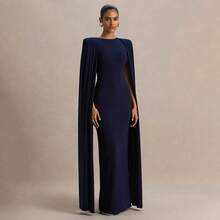 Women's Banquet Party Evening Dress Dress Solid Color Round Neck Pleated Shawl Slim Temperament Dress - 藏青色 - 查看 1