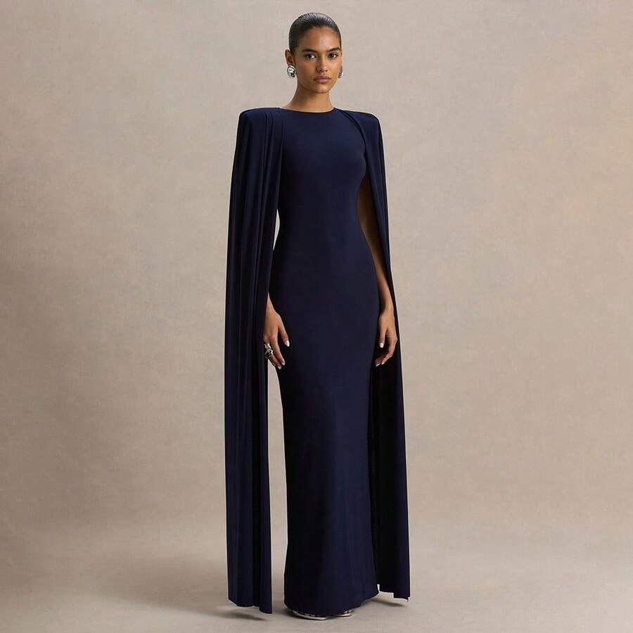 Women's Banquet Party Evening Dress Dress Solid Color Round Neck Pleated Shawl Slim Temperament Dress - 藏青色 - 查看 1