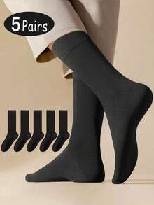 5 pares de calcetines de tripulación de unicolor para todas las estaciones para hombres, negro clásico y versátil, otoño - Negro - Ver 3