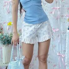 Pantalones cortos con cordones para mujer, Shorts básicos con estampado de encaje, ropa de calle Simple, dulce y elegante, ropa deportiva Sexy, moda de verano, novedad - Azul - Ver 2