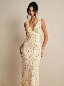 Vestido elegante sin mangas con estampado de lunares y encaje de contraste, vestido elegante de verano, vestido de lunares, vestidos de vacaciones, vestidos casuales de mujer, vestido de campo, vestido elegante de mujer, atuendos de trabajo para - Amarillo - Ver 4