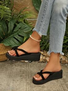 New Fashionable Chic Versatile Bow Decor Beach Platform Flip Flops Sandals For Women - Black - View 5