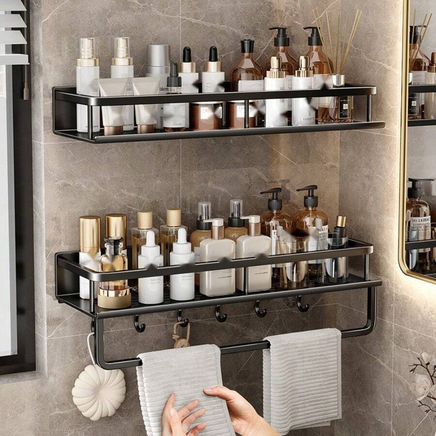 Rak Penyimpanan Gantung Dinding, Rak Sudut Kamar Mandi, Gantungan Handuk Kamar Mandi dengan Kait, Perlengkapan Penyimpanan Kamar Mandi, Rak Penyimpanan Kamar Mandi, Aksesoris Kamar Mandi, Cocok untuk Menyimpan Barang di Dapur, Kamar Mandi, Balkon, dan Tempat Lainnya.