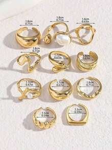 11pcs Punk Style Rings Set, Vintage Geometric Rings Set, Fashion Personalized Jewelry Gift, Suitable For Daily Outfit And Party Accessories [Some Rings Are Open But Not Adjustable, Please Do Not Forcibly Bend Them Or They Will Break, Sizes Are Marked] Random Pearl Color - 金牌 10 - 查看 4