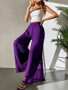Women's Casual Wide Leg Pants, HighWaistedElastic Waist Flowy Trousers, Lightweight Breathable Outfit For Travel,Summer Outfits For Women Capri Pants - 紫色 - 查看 3