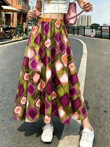 Women's High Waist Flared Skirt, Colorful Abstract Print, Multi-Color Design, Suitable For Summer, Autumn And Spring Vacation - Multicolor - View 7