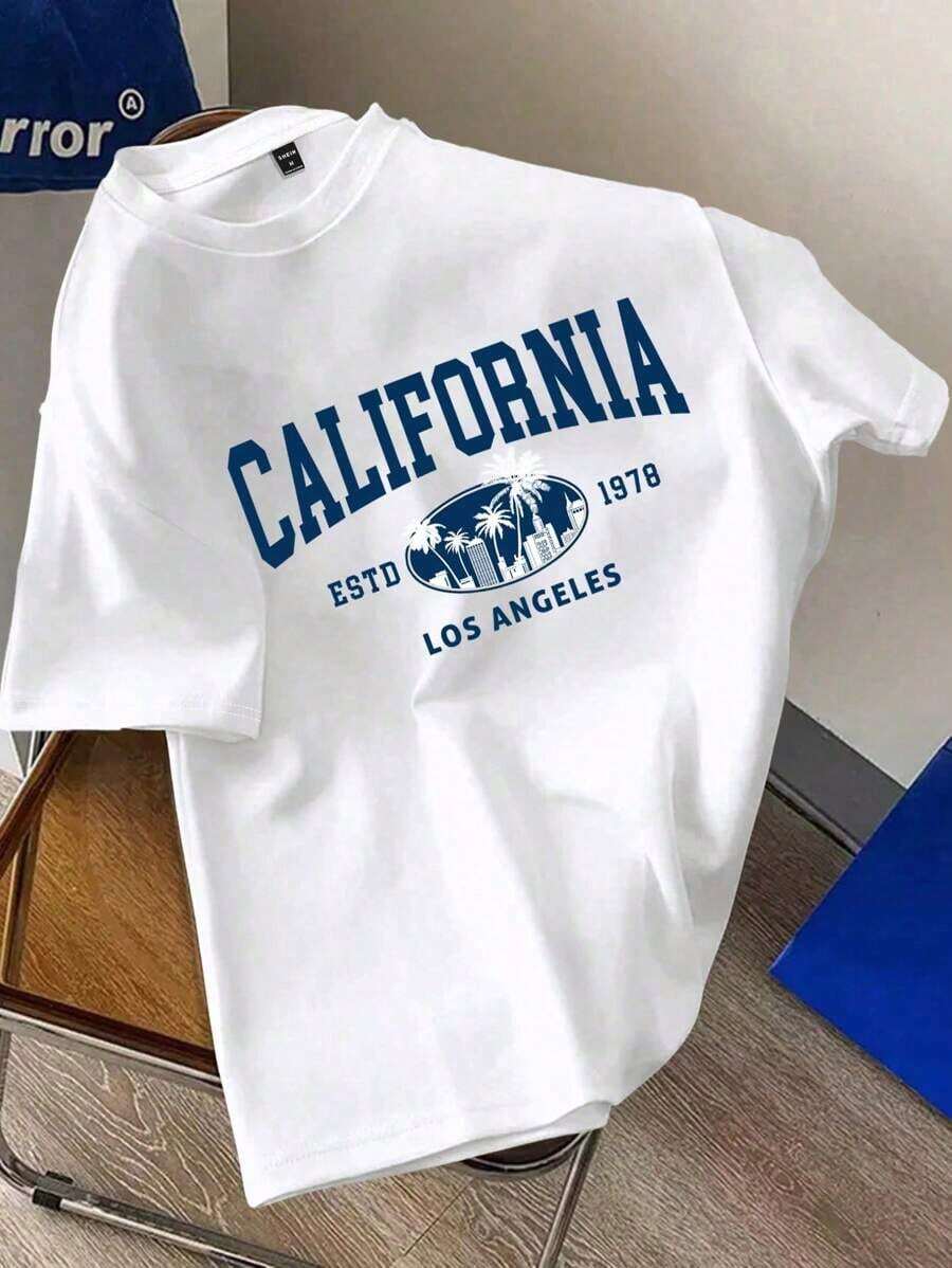 Summer Tops, Standard Size, Men's Casual Minimalist California Slogan White Raglan T-Shirt (Material): Cotton T-Shirt, Women's Tops, Mujer - White - View 1