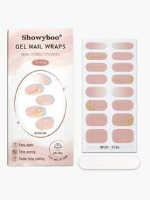 16 Stücke elegante nude rosa wellige Goldlinien Design halb-gehärtete Gel Nagel Aufkleber, weicher Farbton mit goldener Verzierung, glänzende Oberfläche, langanhaltend, erfordert UV-Lampe, geeignet für Frauen und Mädchen für tägliche Fahrten, Dates, Eid Al-Adha DIY Maniküre, modisches Nagel-Accessoire - Verschiedenfarbig - Übersicht 6