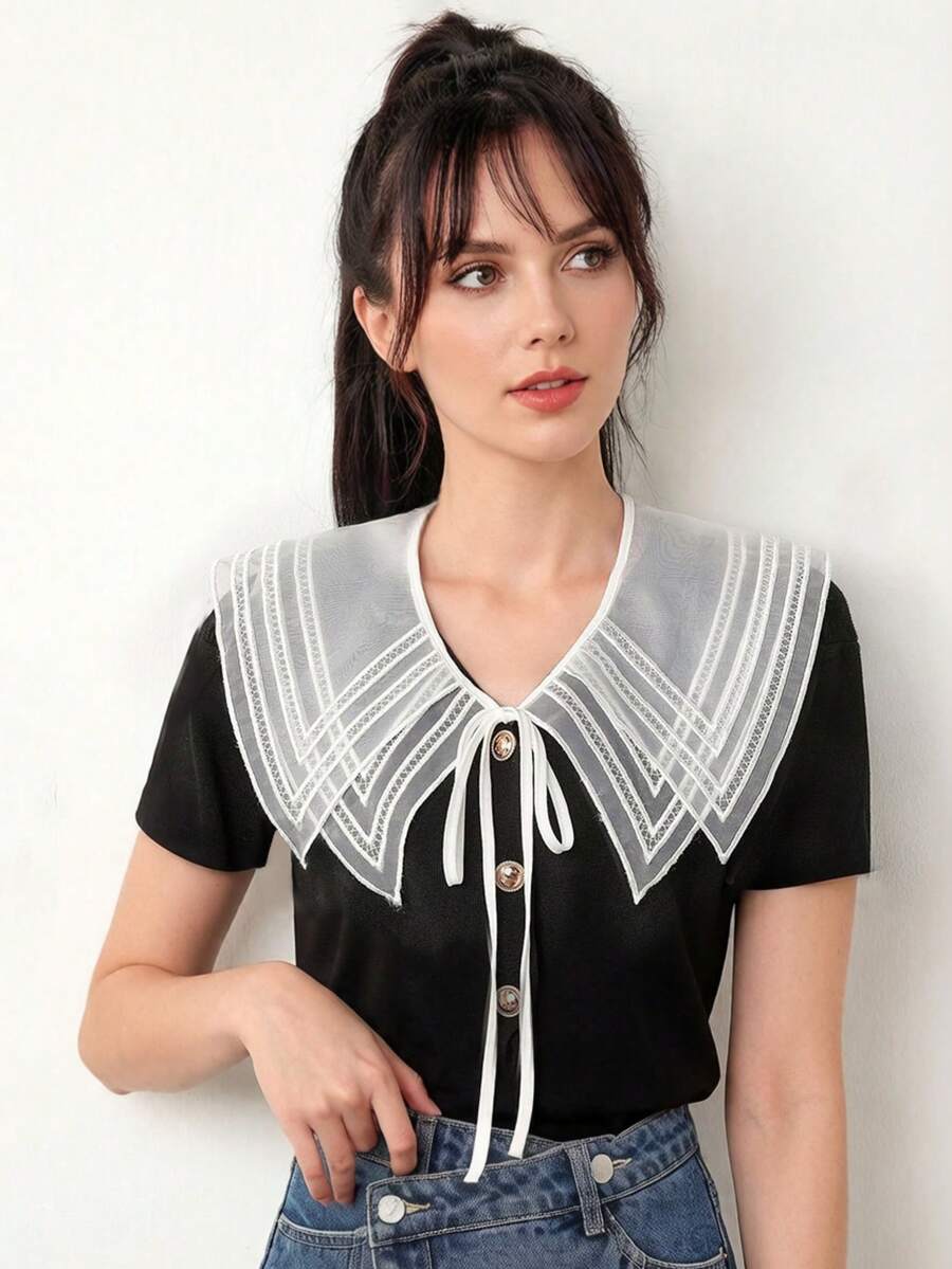 1件夏季披肩假领女式连衣裙花卉蕾丝装饰衬衫领子延长器,青春彼得潘领大翻领带 - 彩色 - 查看 1