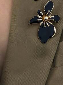 3pcs/1pc Classic Vintage Coin Floral Enamel Texture Metal Brooch Set, White & Gold Color, Versatile Elegant Accessory For Daily, Work, Party, Holiday Wear For Women - Black Flowers - View 5