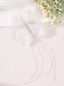 1 pieza Clip de banana con lazo de tul y cristales, accesorio de cabello de estilo dulce y delicado para uso diario, citas o fiestas - Blanco - Ver 3