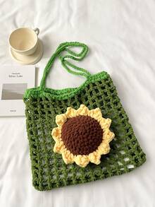 Handmade Crochet Hollow Sunflower Tote Bag, Fashionable Shoulder Bag - Green - View 3