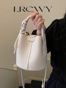 Women's Bucket Bag, Fashionable & Versatile Elegant Solid Color & Striped White Handbag With Scarf, Suitable For Shopping And Commuting, Includes Small Pouch - White - View 4
