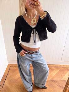 女士系带短款开衫，波西米亚风长袖V领针织毛衣，适合春季日常穿着 - 黑色 - 查看 5