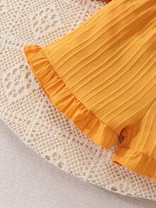 2pcs/Set Girls' Summer Sleeveless Top And Shorts Set, Fashionable Lace Ruffle Design, Comfortable Breathable, Essential For Outdoor Wear - Yellow - View 6